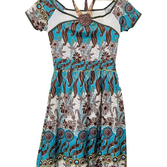 Vintage White, Black, Turquoise + Gold Sparkle Boho Dress Cottagecore Whimsy - Picture 3 of 12